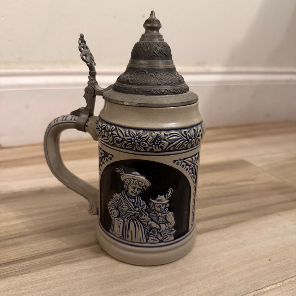 Vintage Gerz German Beer Stein Rein Zinn Pewter Lid Stoneware Blue Relief Scene